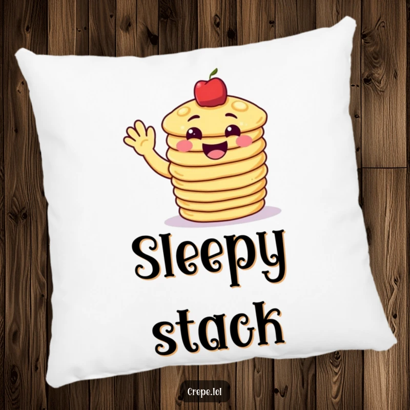 Funny pancake pillow featuring a grinning stack of pancakes waving cheerfully, offering comfort and breakfast joy.