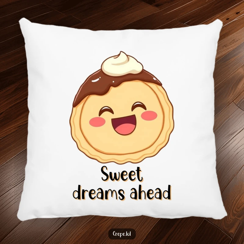 Funny pillow showcasing a happy chocolate crepe with a wide mouth giggling, playfully decorated with frosting.