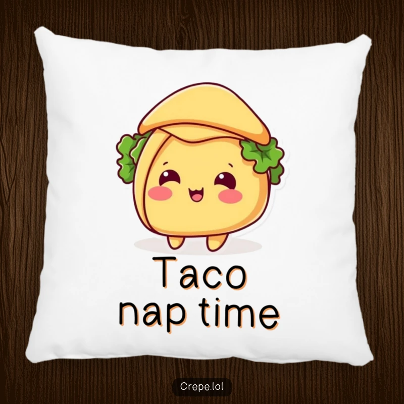 Funny taco hat tip pillow featuring a beaming taco tipping its shell like a hat, bringing comfort and humorous fiesta vibes to any room.