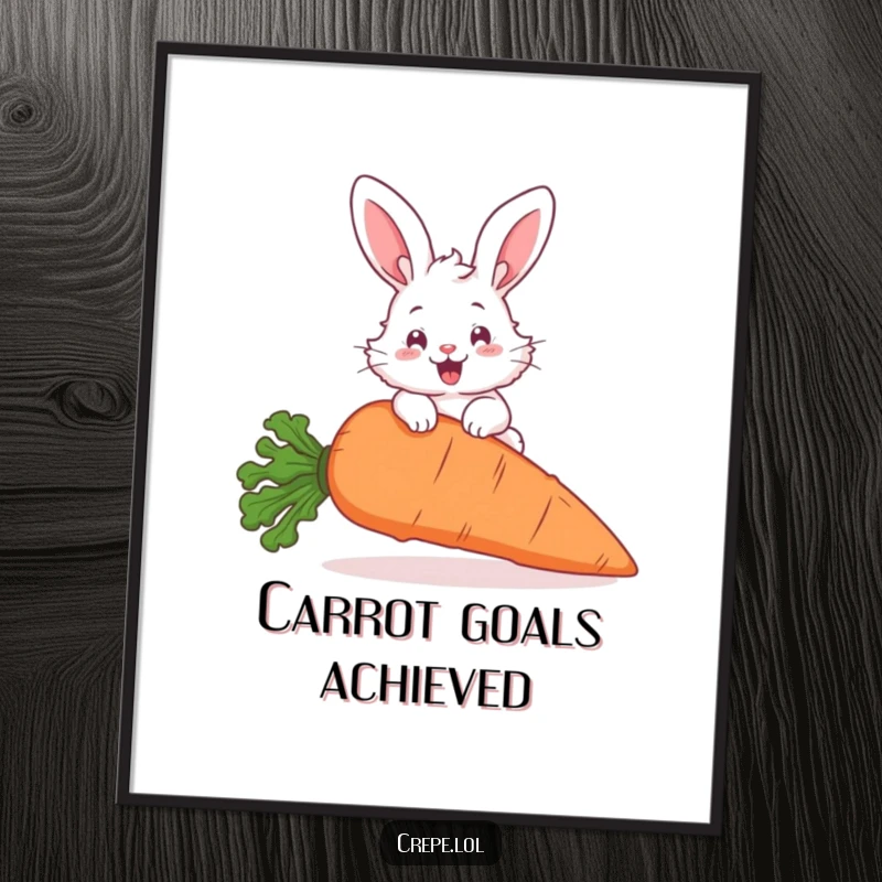 Funny fluffy bunny joyfully leaping over a giant carrot, a high-resolution digital art print for humorous decor.