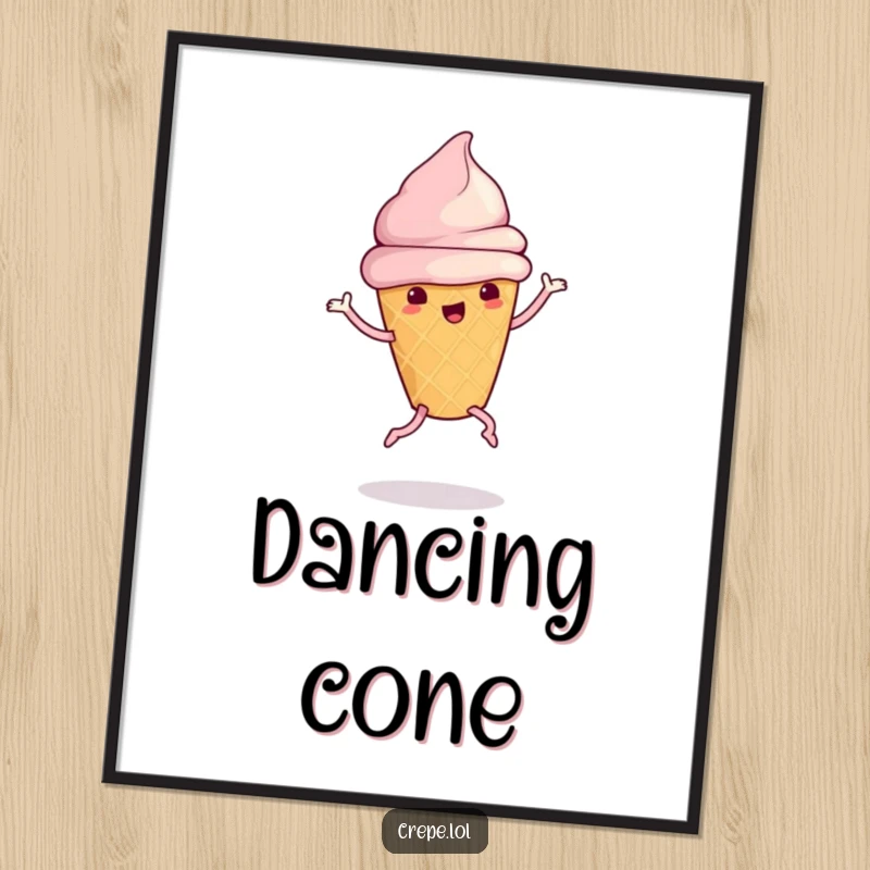Funny ice cream cone with legs doing a silly dance, a humorous digital art file.