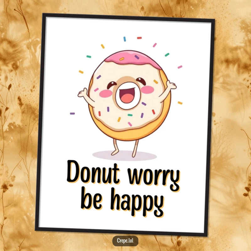 Funny donut digital art print of a gleeful dancing character with flying sprinkles, ideal for humorous wall decor.