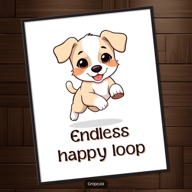 Funny digital art print of a happy, bouncing puppy with floppy ears chasing its tail, capturing playful energy.