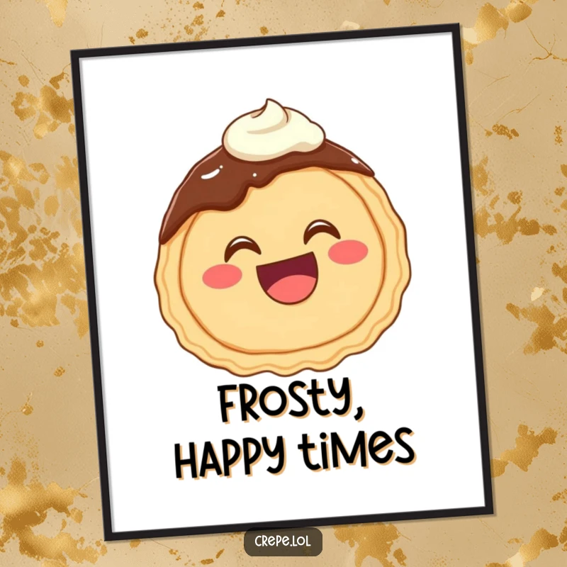 Funny digital art print of a happy chocolate crepe with a wide mouth giggling, covered in sweet frosting.
