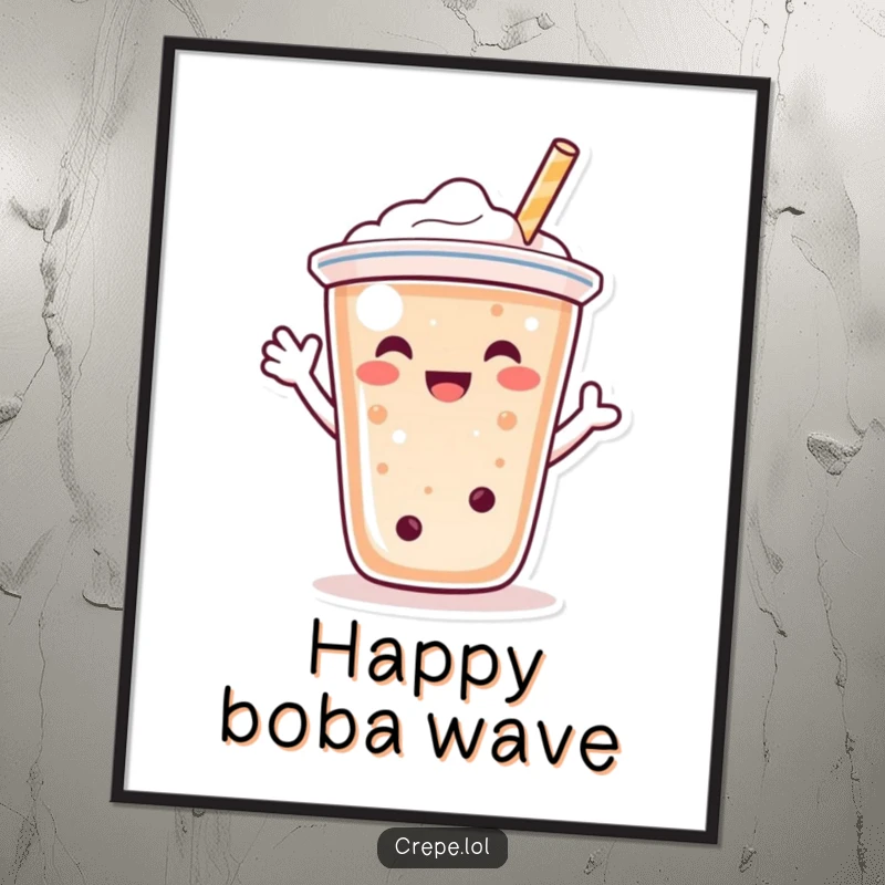 Funny bubble tea character digital art, happily waving with its straw, ideal for cheerful decor.