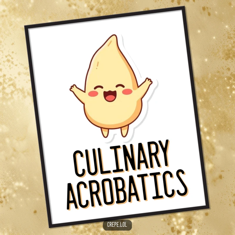 Funny digital art print of a smiling crepe doing a graceful flip, capturing a moment of pure breakfast joy.