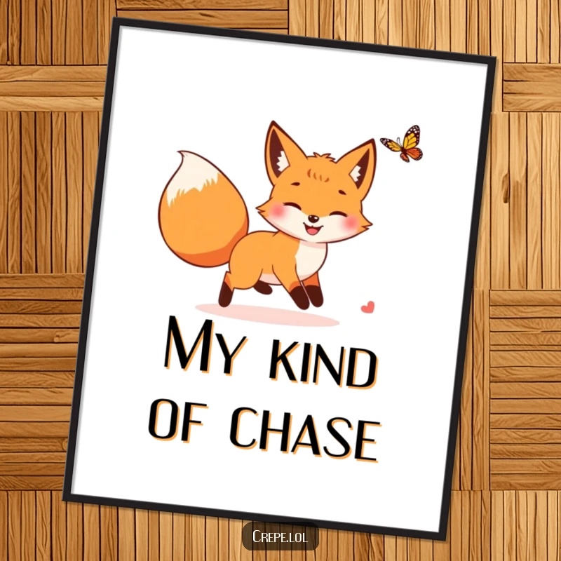 Funny fox with a bushy tail joyfully chasing a butterfly, a high-resolution digital art print for humorous decor.