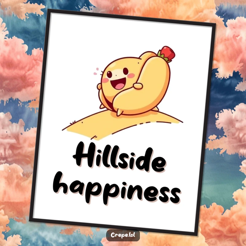 Funny digital art print of a smiling hot dog rolling downhill with glee, offering instant humorous decor.