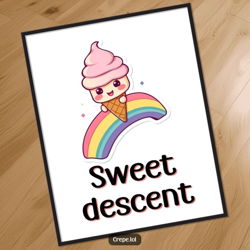 Funny digital art print of an ice cream cone character sliding down a vibrant rainbow, capturing sweet, playful energy.