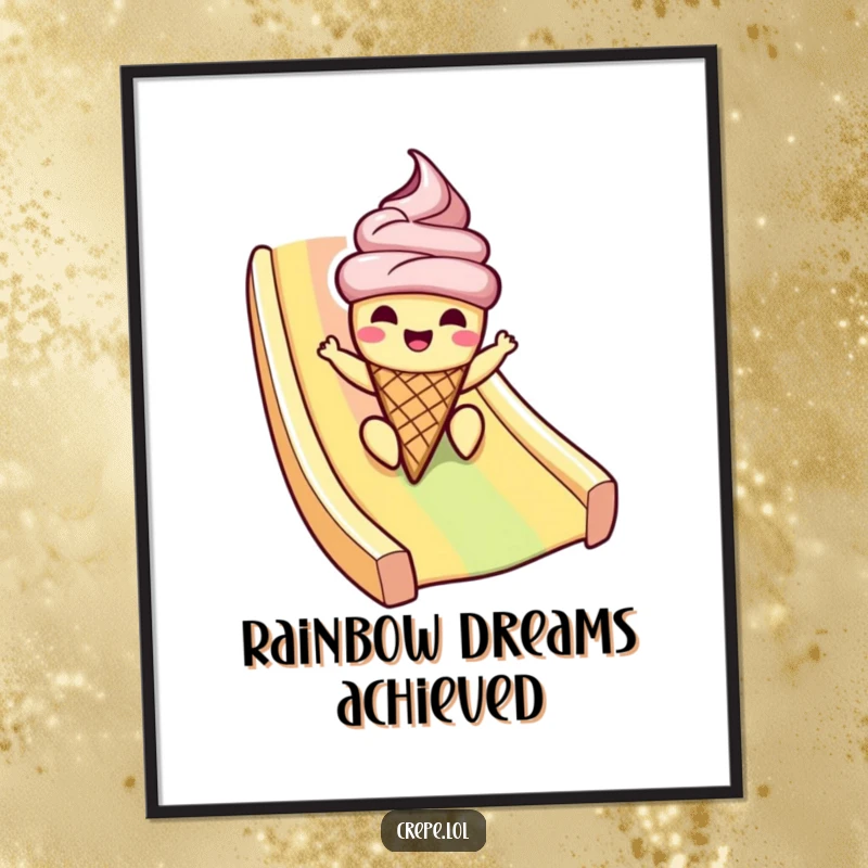 Funny ice cream digital art print of a cheerful cone character sliding down a rainbow, ideal for humorous wall decor.
