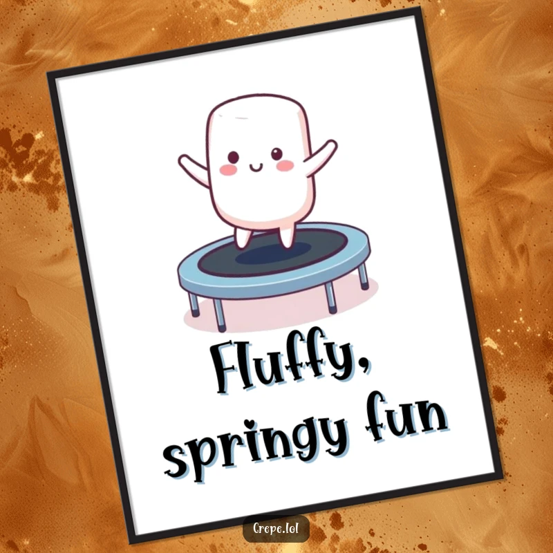 Funny smiling marshmallow character digital art print bouncing on a trampoline, ideal for printable wall decor.