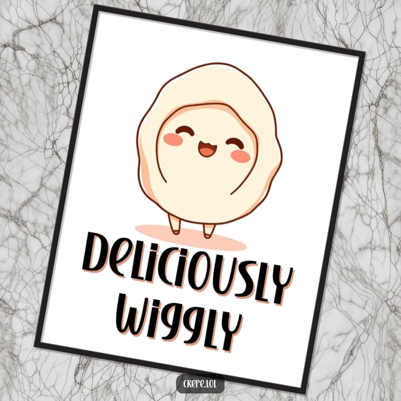 Funny digital art print of a flat crepe happily shimmying with filling visible, capturing a moment of pure dessert joy.