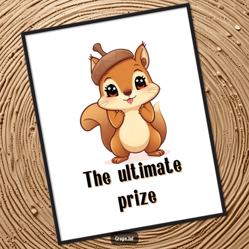 Funny squirrel with big eyes joyfully holding a massive acorn aloft, a high-resolution digital art print for humorous decor.