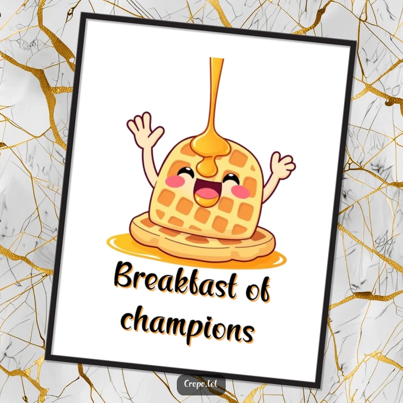 Funny happy waffle with syrup waving enthusiastically, presented as a high-resolution digital art print.