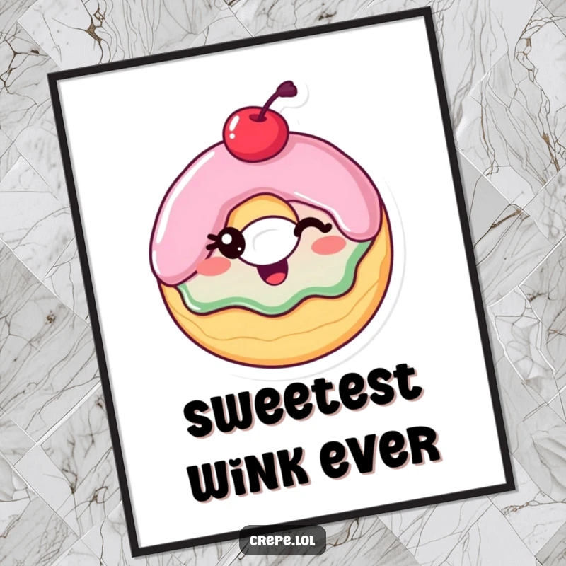 Funny Digital Art Print: A delighted donut winking with a cherry on top, bringing a sweet and humorous atmosphere.