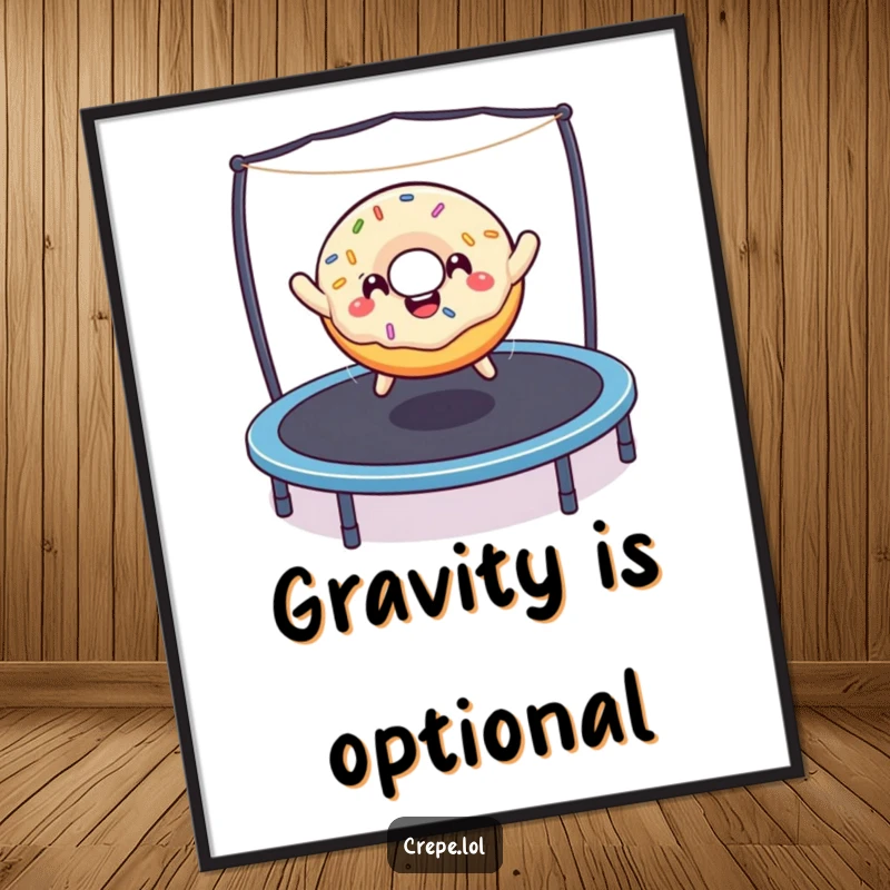 Funny donut with sprinkles performing a joyful trampoline bounce, presented as a high-resolution digital art print.