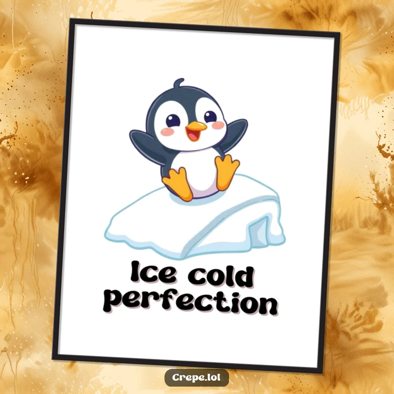 Funny digital art print of a playful penguin with a wide grin sliding down a smooth icy ramp, winter fun.
