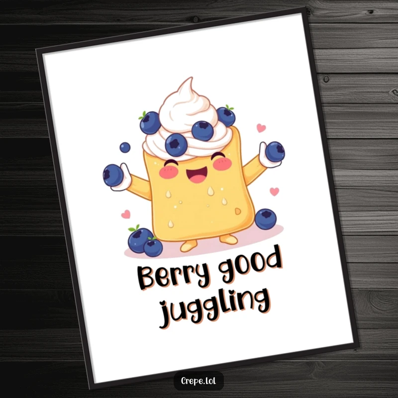 Funny digital art of a happy crepe with whipped cream arms juggling a colourful mix of blueberries, instantly cheerful.