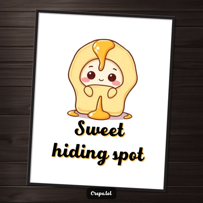 Funny digital art print of a shy banana crepe peeking from behind a glistening drizzle of syrup, sweetly reserved.