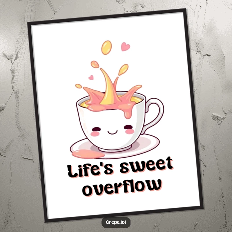 Funny smiling teacup playfully spilling sweet, colorful liquid, presented as a high-resolution digital art print.