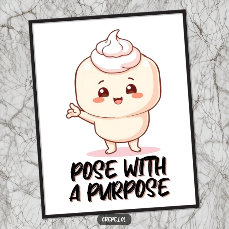 Funny digital art print of a crepe with cream, striking a ridiculously comical pose, perfect for adding humor to walls.