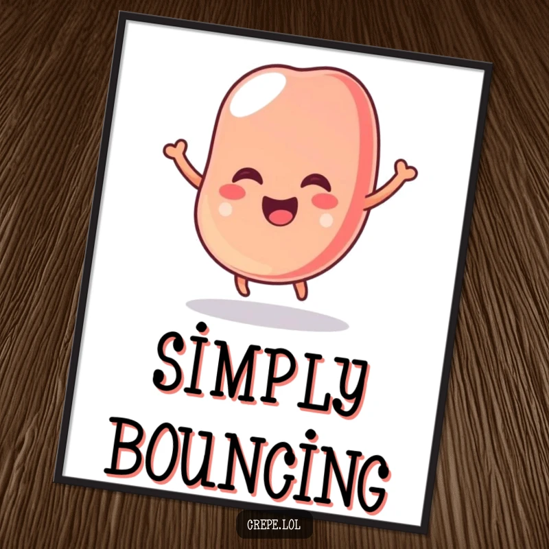 Funny digital art print of a wobbly jelly bean captured mid-bounce with an expression of pure, unadulterated glee.