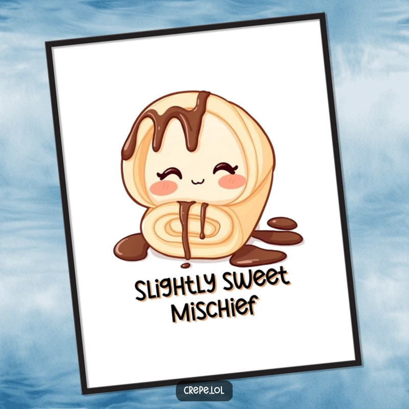 Funny digital art print of a winking rolled chocolate crepe, perfect for adding a touch of playful, edible art to any room.