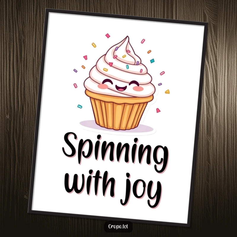 Funny digital art print of a spinning cupcake with frosting and sprinkles, offering instant sweet humor and decor.