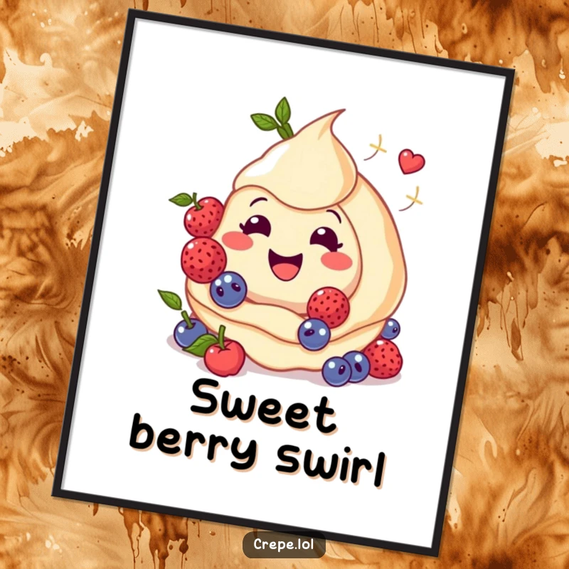 Funny digital art print of a smiling crepe with swirling berries, capturing a moment of pure fruity delight.