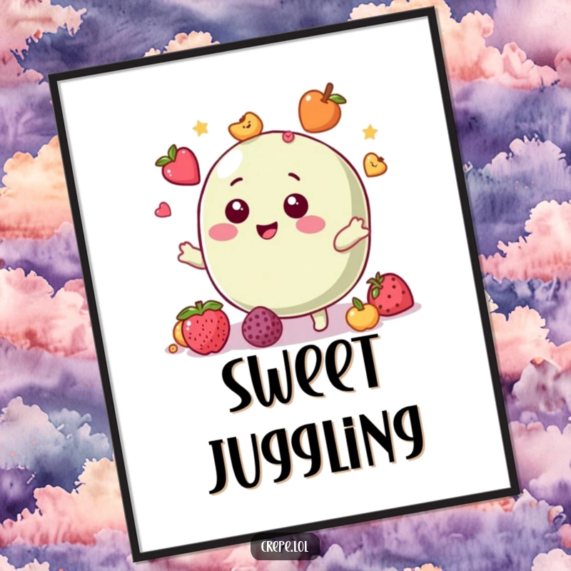 Funny digital art print of a giggling macaron character juggling small fruit toppings, capturing playful confectionary art.