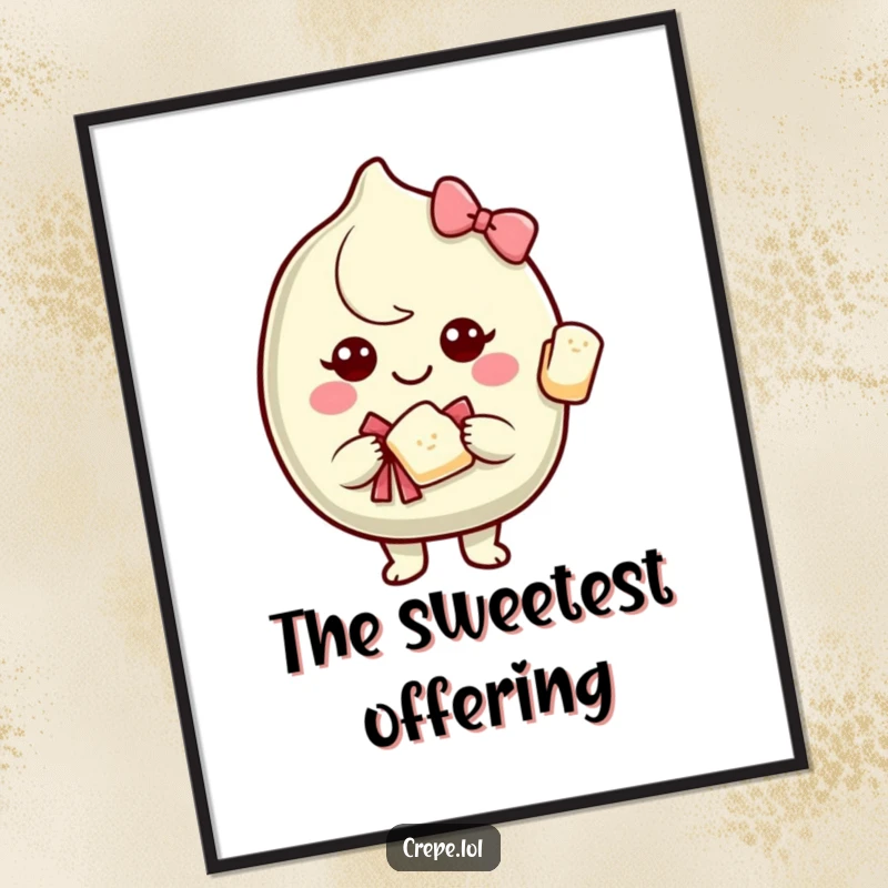 Funny digital art print of a smiling crepe character offering a piece of itself with a bow, inspiring generosity and warmth.