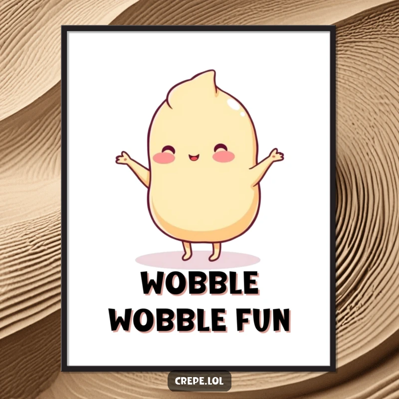 Funny digital art print of a wobbly plain crepe with tiny legs doing a silly, energetic dance, full of joy.