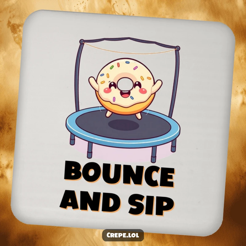 Funny sprinkled donut mid-bounce on a trampoline, adding a splash of humor to these functional drink coasters.