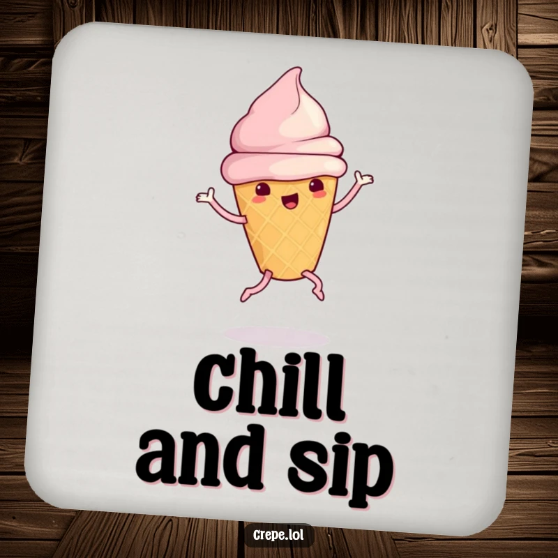 Funny ice cream cone with legs doing a silly dance, a humorous coaster for drinks.
