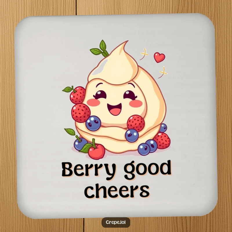 Funny drink coaster showing a happy crepe with swirling berries, a humorous addition to any table.
