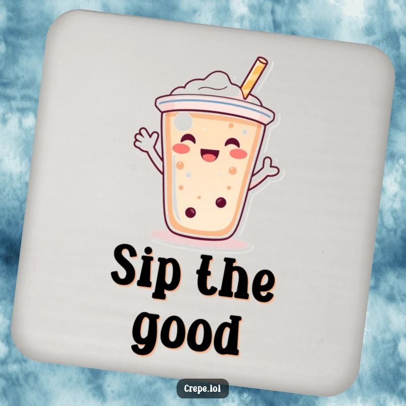 Funny bubble tea character drink coaster, happily waving with its straw, protecting tables.