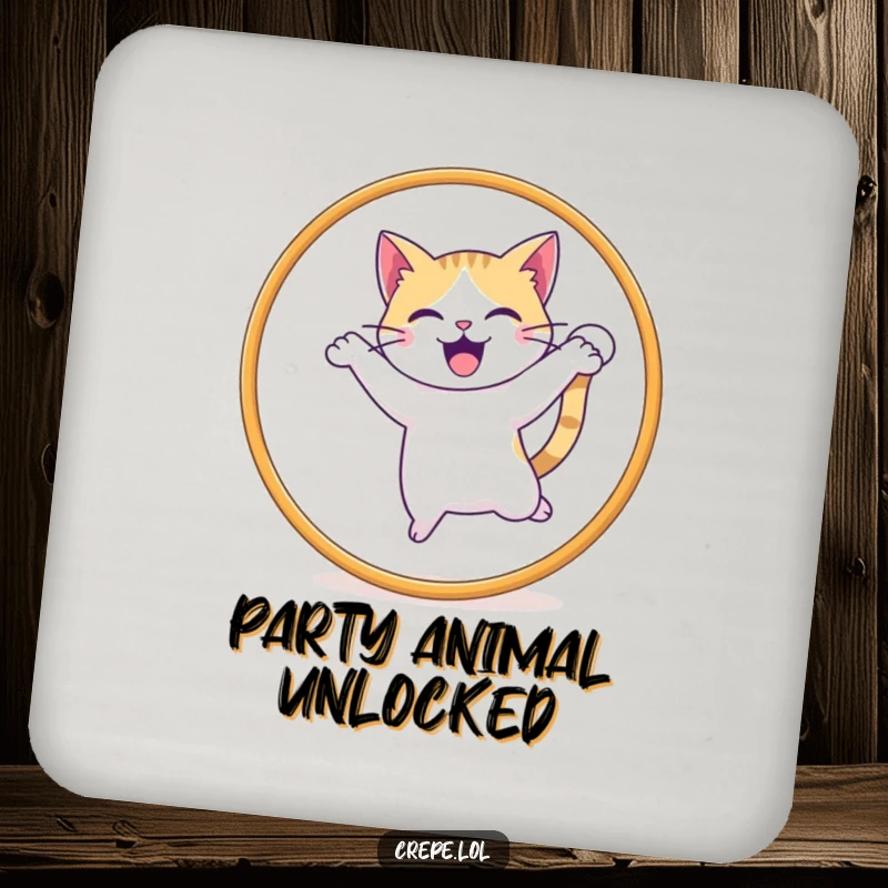 Funny drink coaster featuring a delighted cat with tail wagging jumping through a hoop, protecting surfaces with charm.