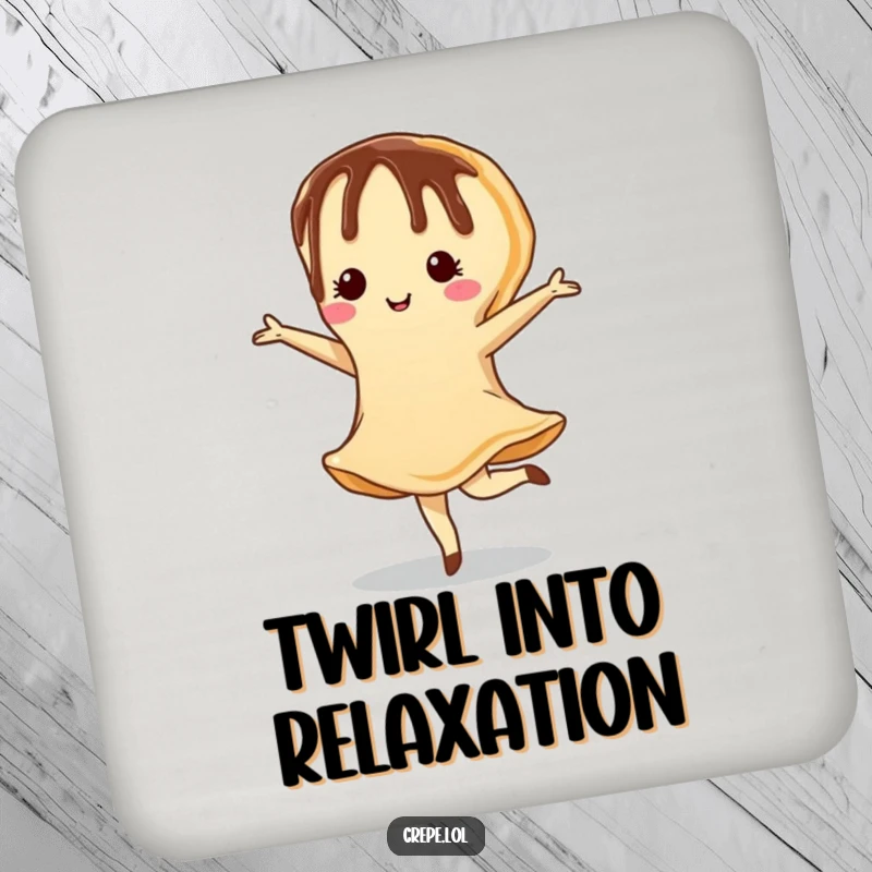 Funny drink coaster featuring a chocolate-drizzled crepe doing a charming pirouette, protecting tabletops with sweet elegance.