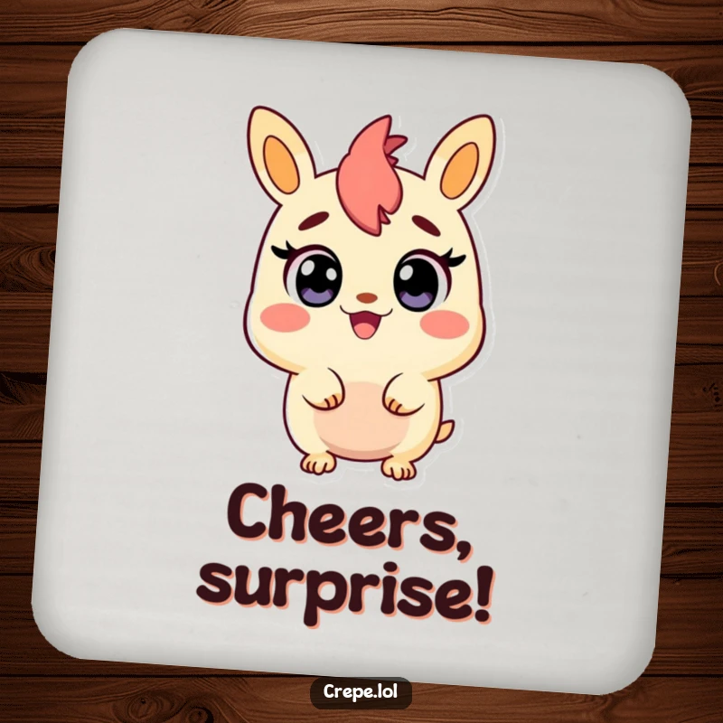 Funny coaster featuring a churro character with wide, happy eyes, looking surprised and protecting your drink.