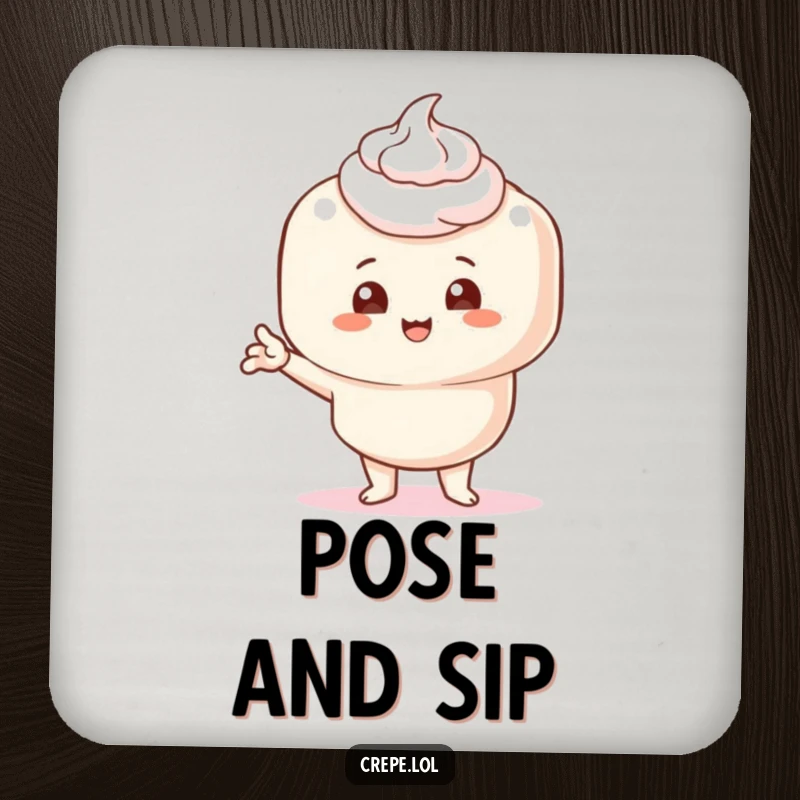 Funny drink coaster featuring a crepe with cream, striking a comical pose, protecting tabletops humorously.