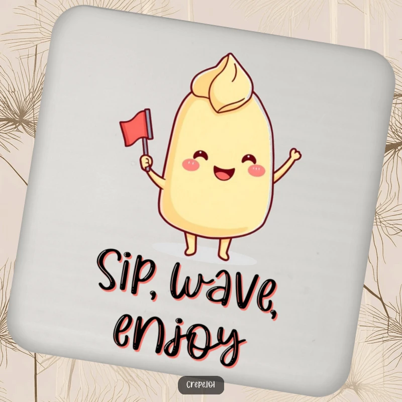 Funny Coasters: A smiling crepe character comically waving a tiny flag, offering surface protection with a sweet and humorous design.