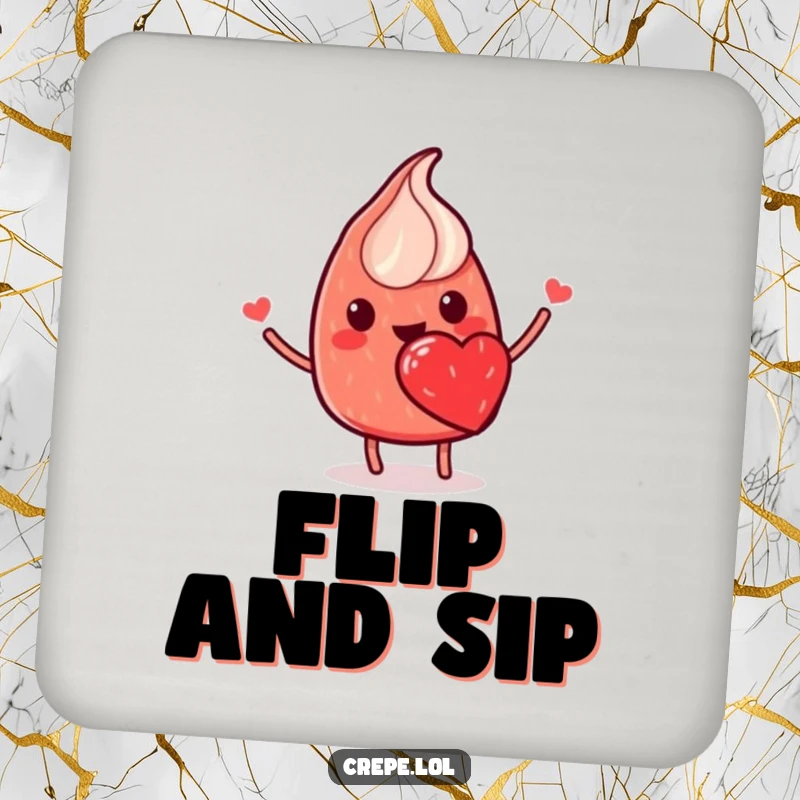 Funny drink coaster featuring a smiling red crepe with a strawberry heart, flipping happily, perfect for surface protection.