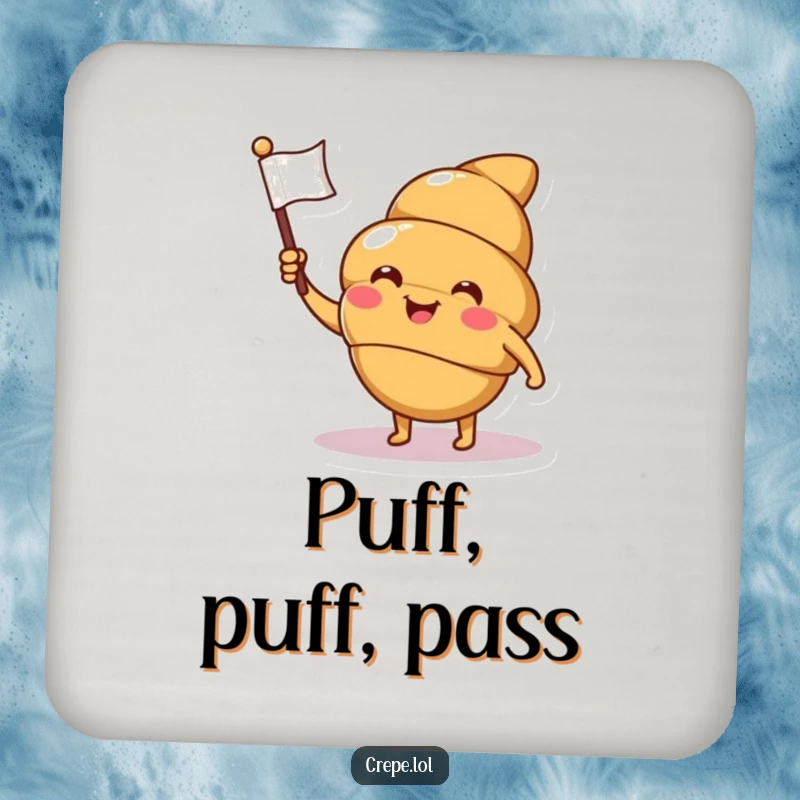 Funny croissant coaster with a smiling, winking character waving a flag, protecting surfaces with humorous pastry flair.