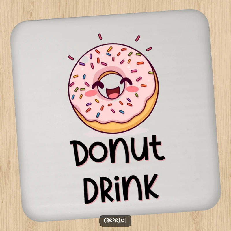 Funny donut sprinkles drink coaster, featuring a happy donut with rhythmic bouncing sprinkles, protecting surfaces with a humorous, sweet design.