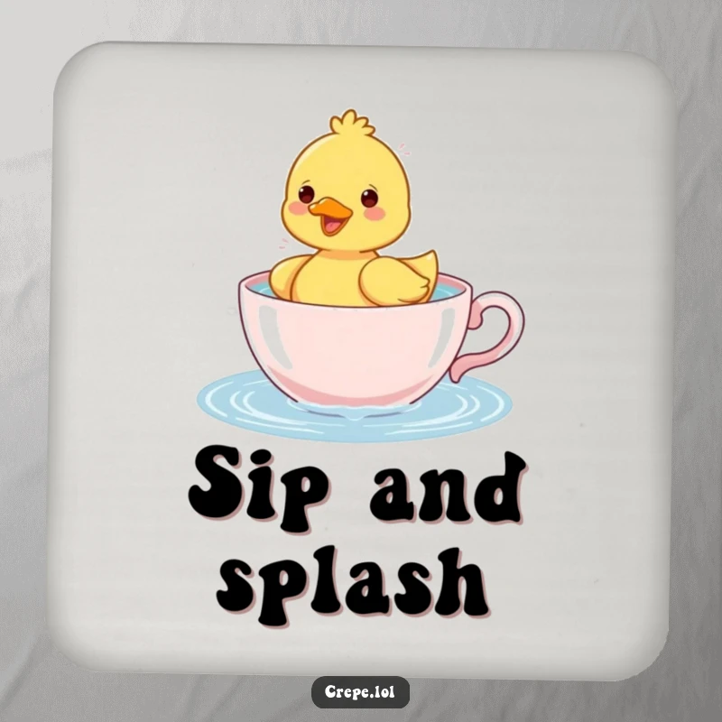 Funny duckling splashing water in a teacup, a charming and humorous coaster for drinks.