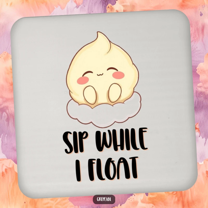 Funny drink coaster with a happy crepe character floating on a cloud, eyes closed and humming, offering peaceful surface protection.