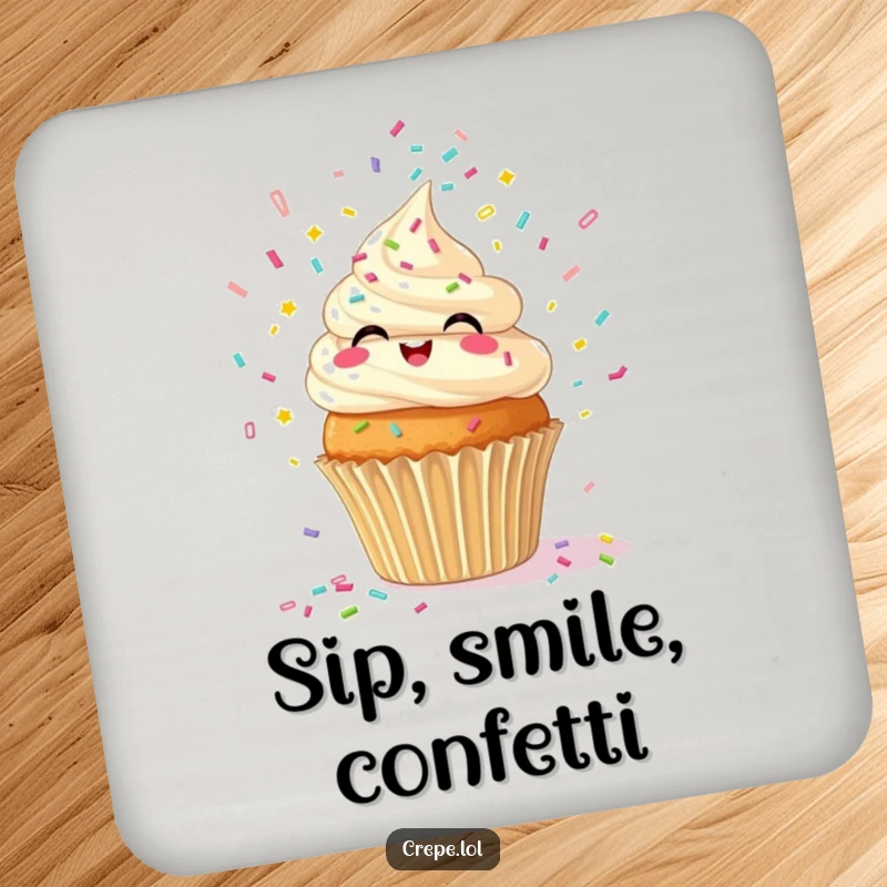 Funny drink coaster featuring a giggling cupcake spewing confetti, ideal for protecting surfaces with a humorous touch.