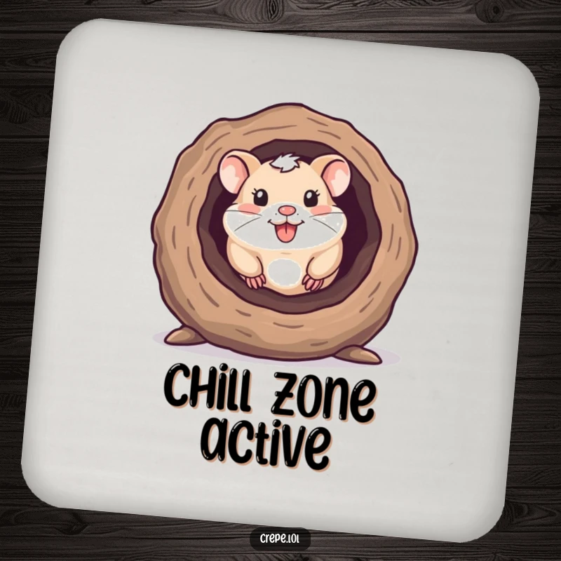 Funny drink coaster featuring a happy hamster peeking out from a hollow log, protecting surfaces with charm.