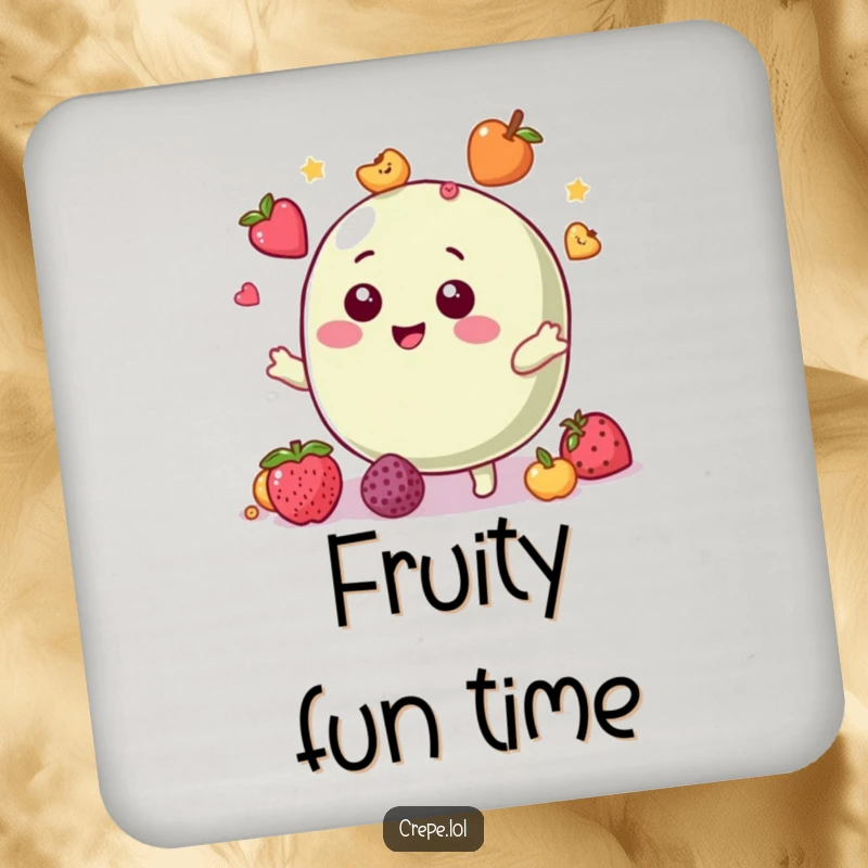 Funny coaster featuring a giggling macaron character juggling fruit toppings, protecting your drink with sweetness.