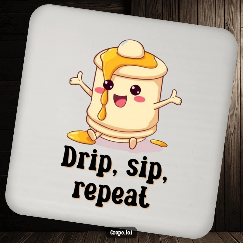 Funny pancake coaster with a bouncing character and dripping syrup, a charming and humorous drink accessory.